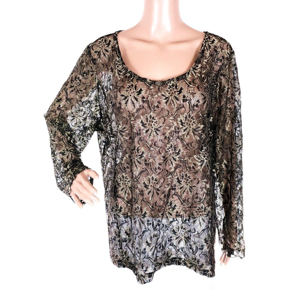 Dana Buchman Women Blouse Lace Floral Sheer Long Sleeves Size 2X